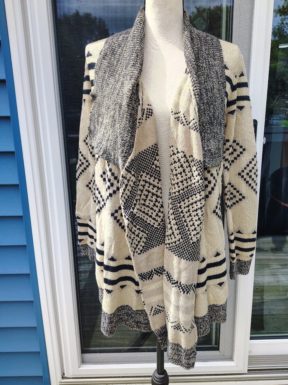Charming Charlie Aztec Geometric Open Front Waterfall Cardigan Soft Sweater